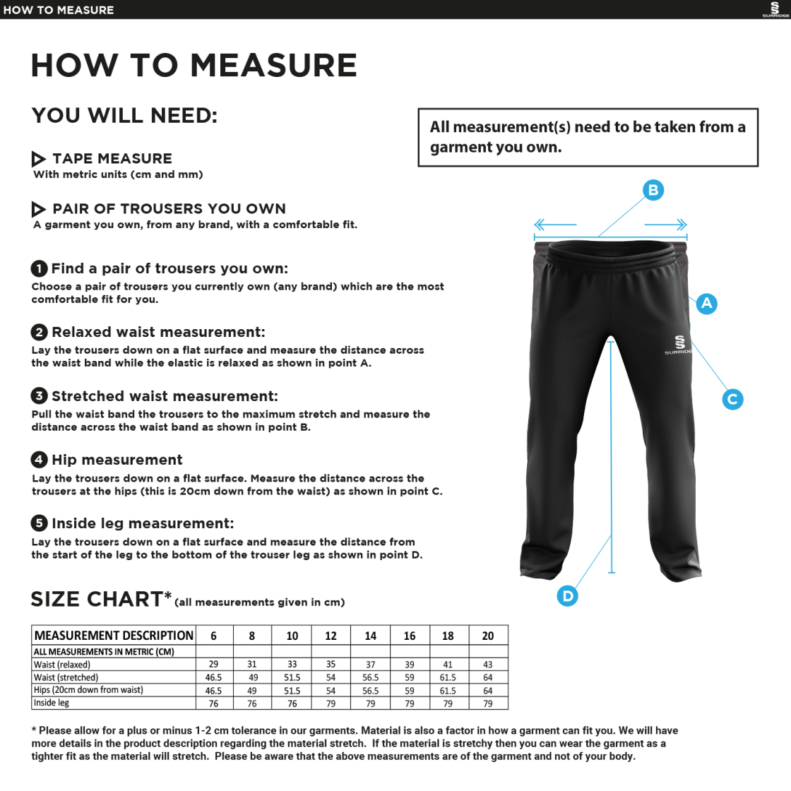 Downham and Bellingham Cricket Club Rip Stop Tracksuit Pants - Size Guide