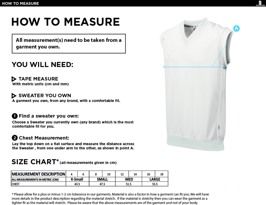 Downham and Bellingham CC Blast Sleeveless Women's Cricket Sweater - Size Guide