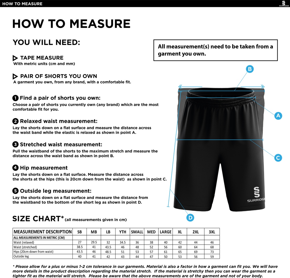 Downham and Bellingham Cricket Club Ripstop Training Shorts - Size Guide