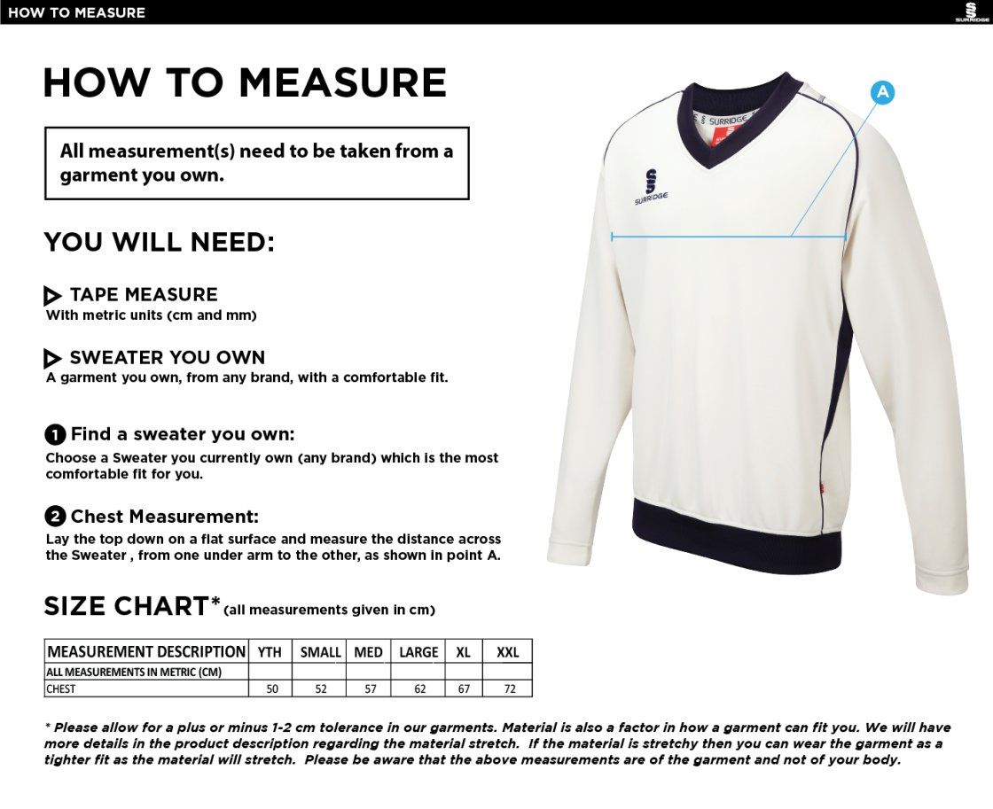 Downham and Bellingham Cricket Club Long Sleeve Sweater - Size Guide
