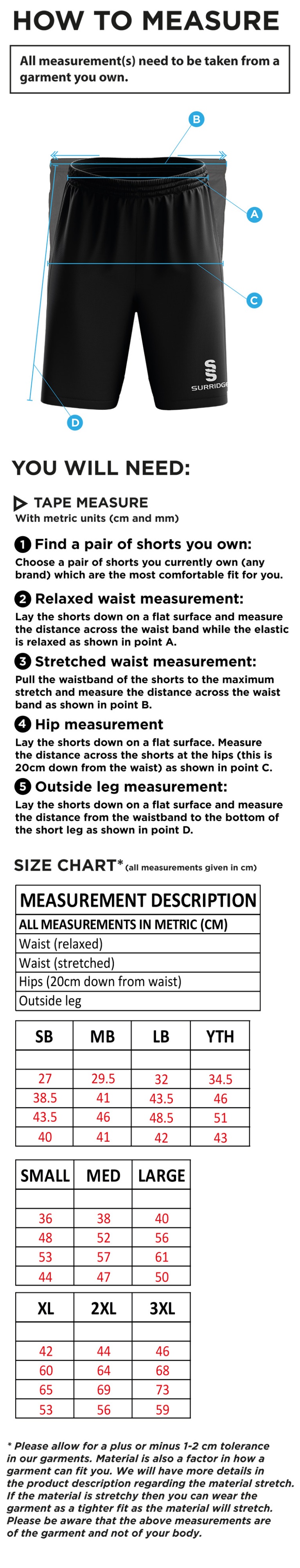 Downham and Bellingham Cricket Club Blade Shorts - Size Guide
