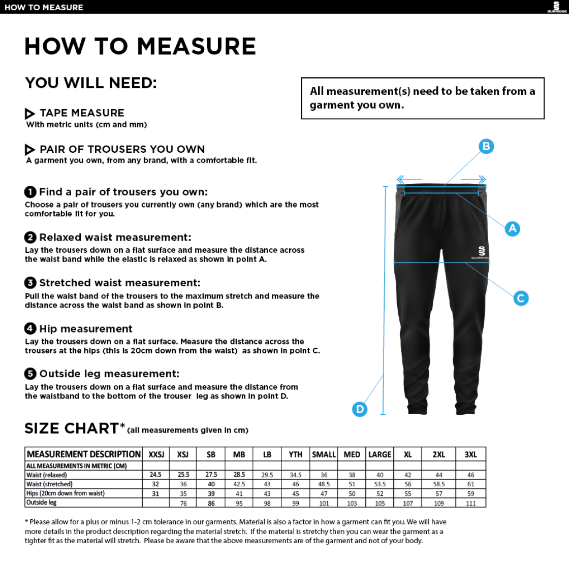 Downham and Bellingham Cricket Club Tek Skinny Pants - Size Guide