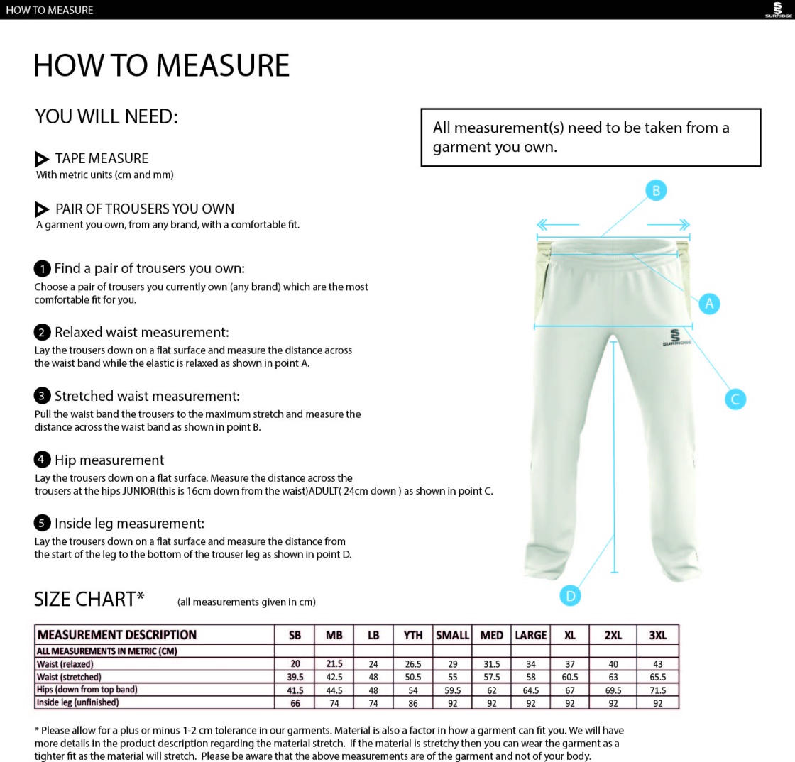 Downham and Bellingham Cricket Club Pro Trousers - Size Guide