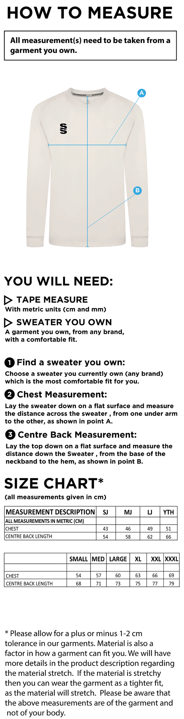 Downham and Bellingham CC Blast Long Sleeve Cricket Sweater - Size Guide