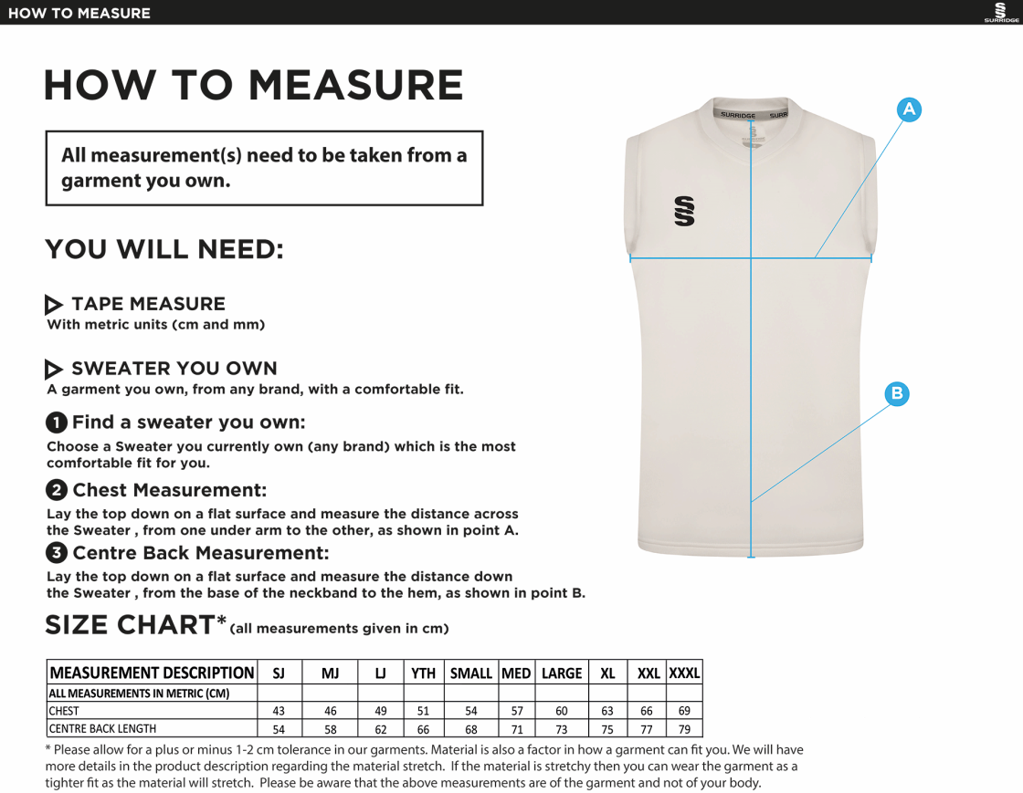 Downham and Bellingham CC Blast Sleeveless Cricket Sweater - Size Guide