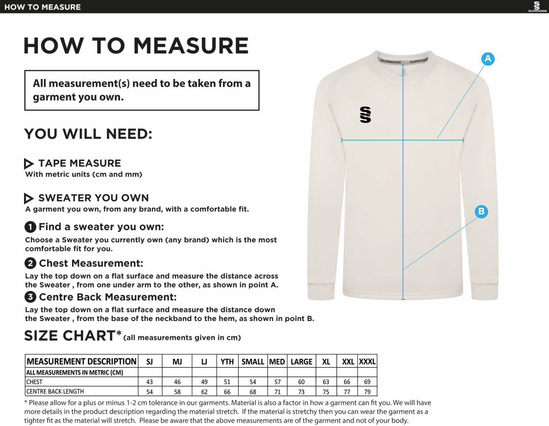Downham and Bellingham CC Blast Long Sleeve Cricket Sweater - Size Guide
