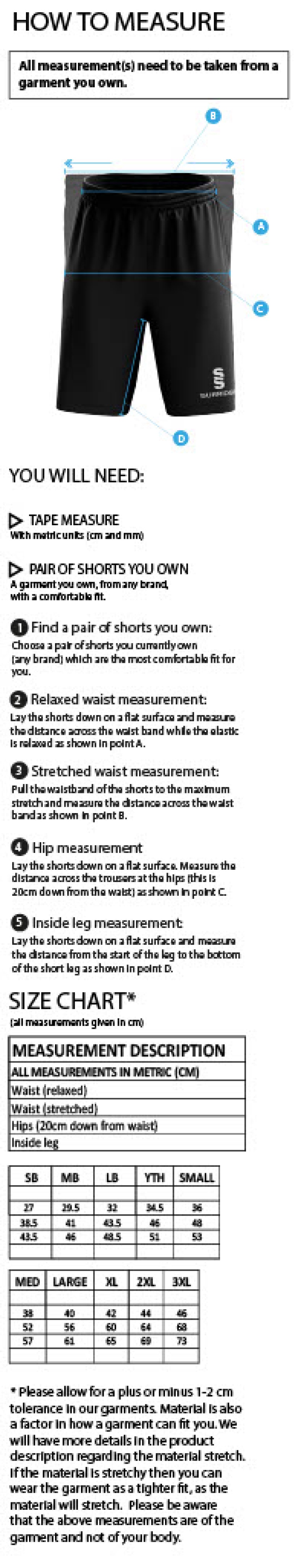 Downham and Bellingham CC Women's Ripstop Training Shorts - Size Guide