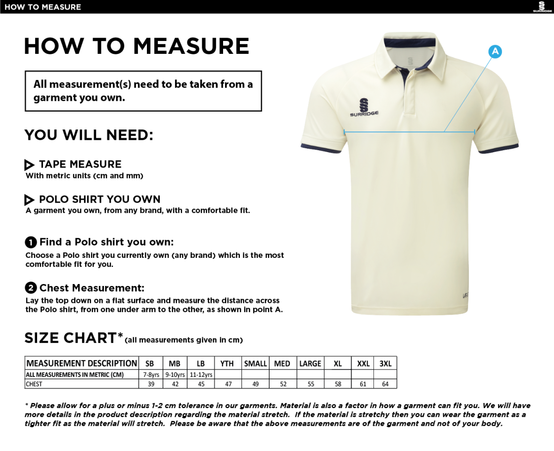 Downham and Bellingham Cricket Club S/S Tek Shirt - Size Guide