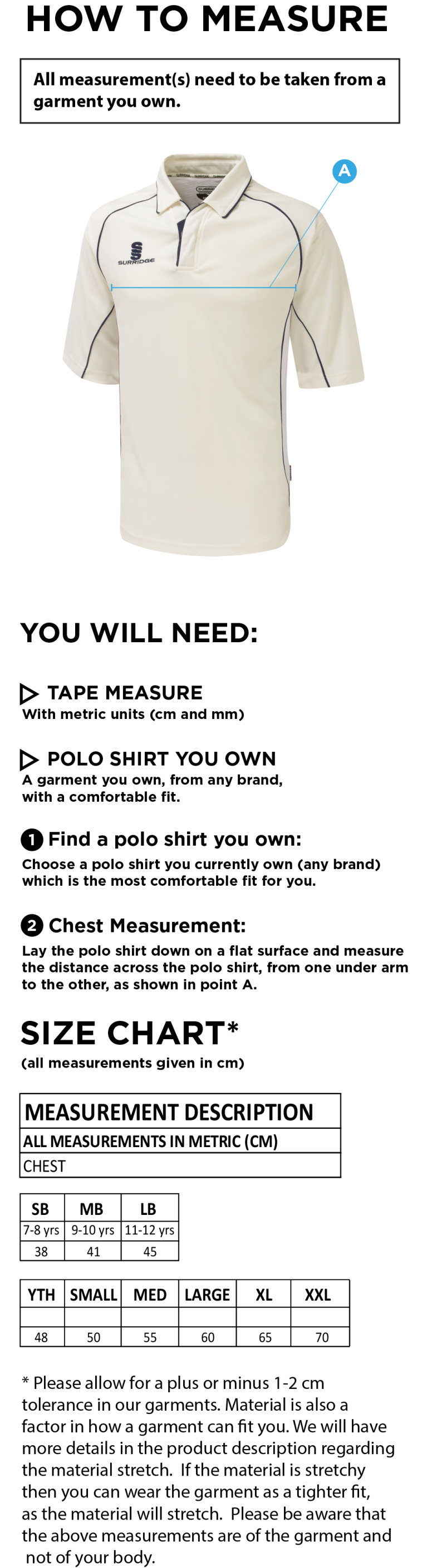 Downham and Bellingham Cricket Club 3/4 Premier Shirt - Size Guide