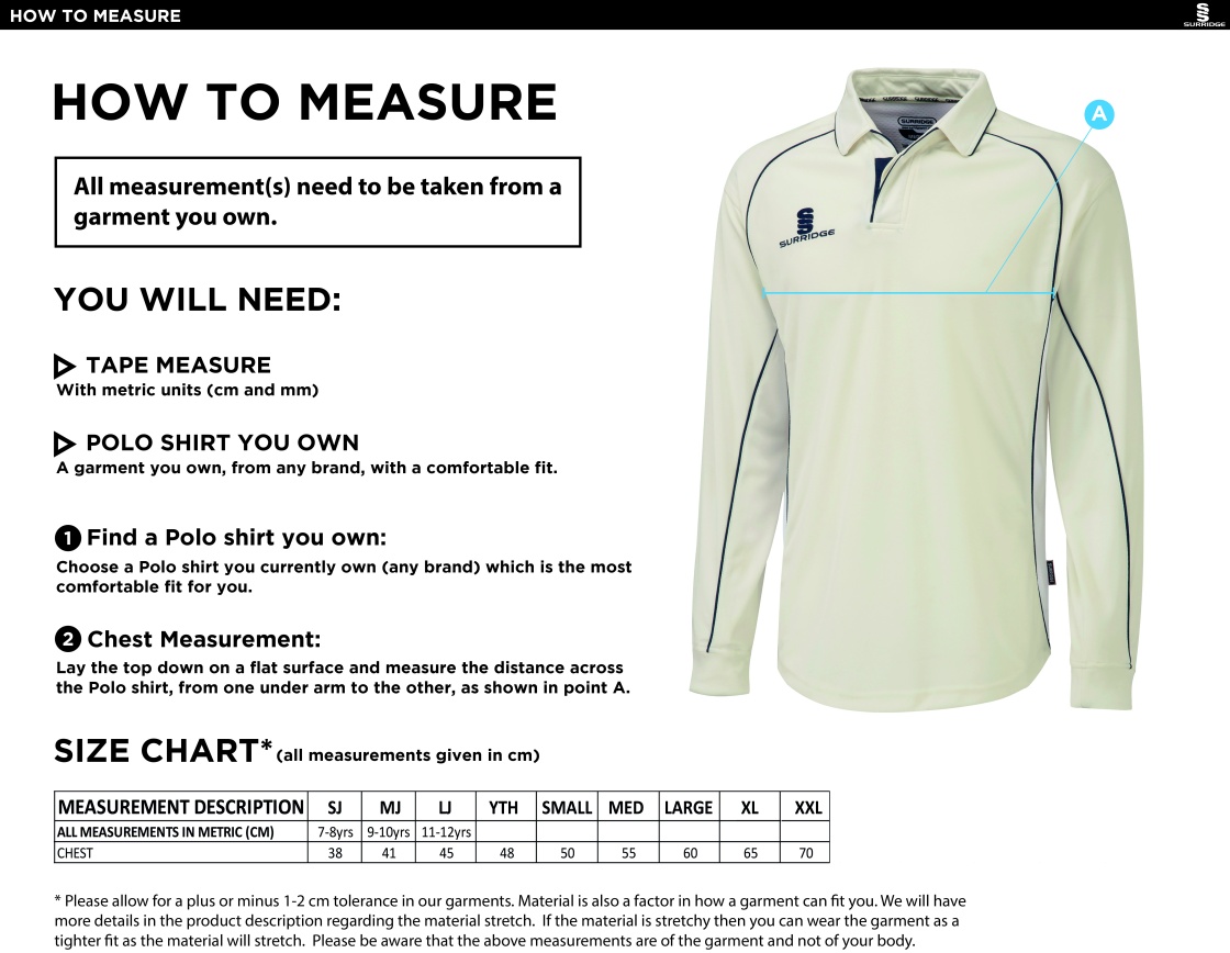 Downham and Bellingham Cricket Club Premier Long Sleeve Shirt - Size Guide