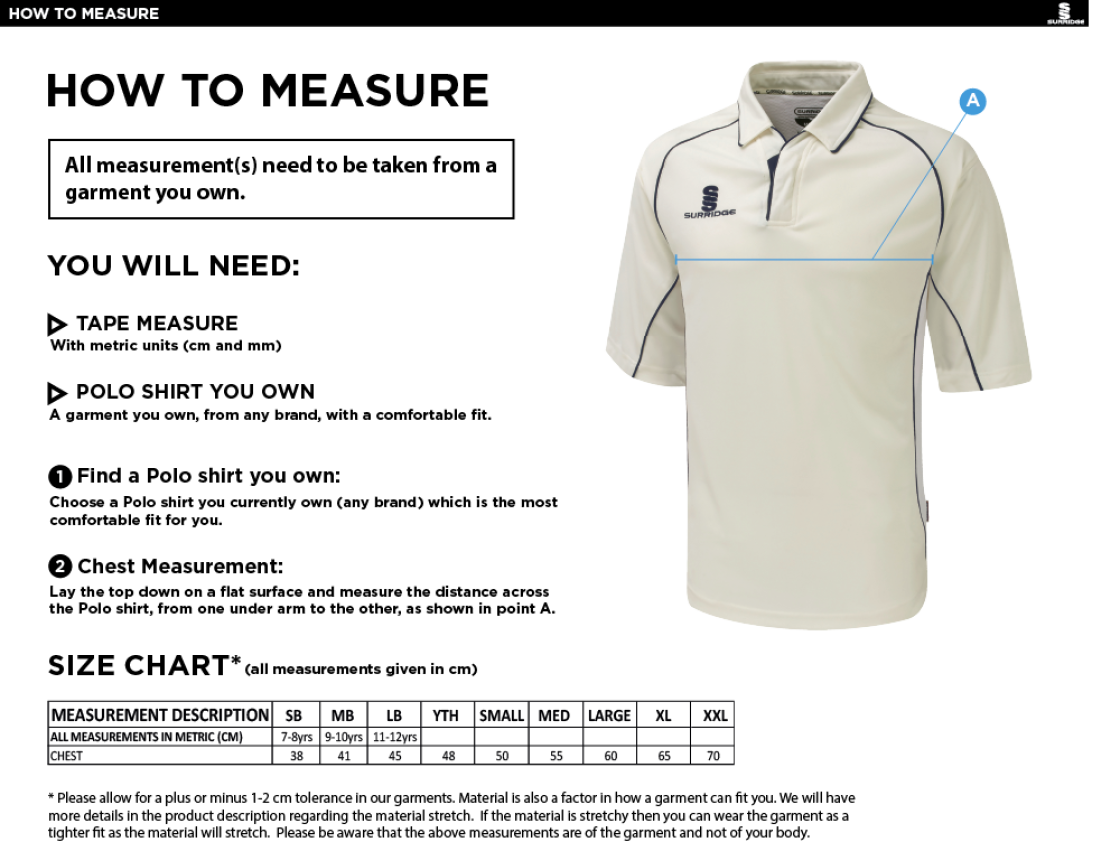 Downham and Bellingham Cricket Club 3/4 Premier Shirt - Size Guide