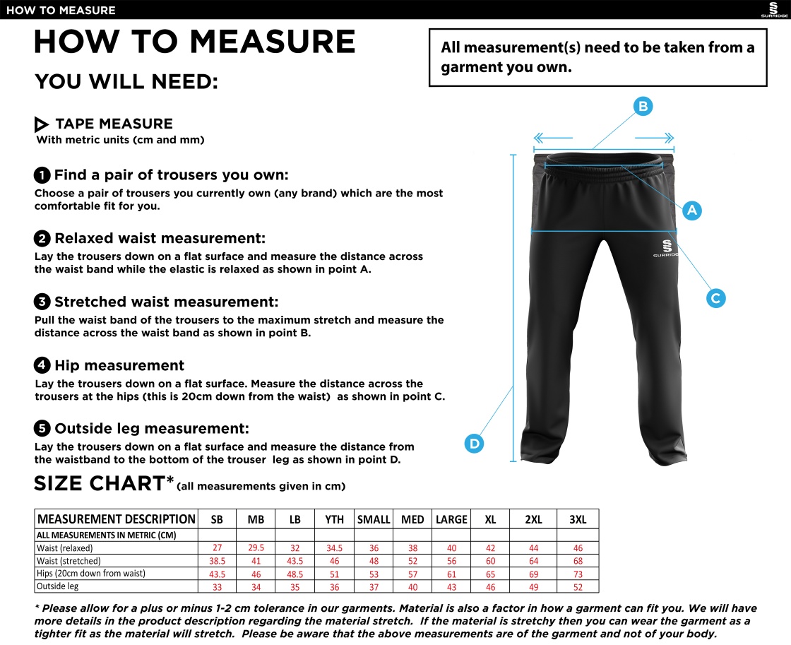 Downham and Bellingham Cricket Club Rip Stop Tracksuit Pants - Size Guide