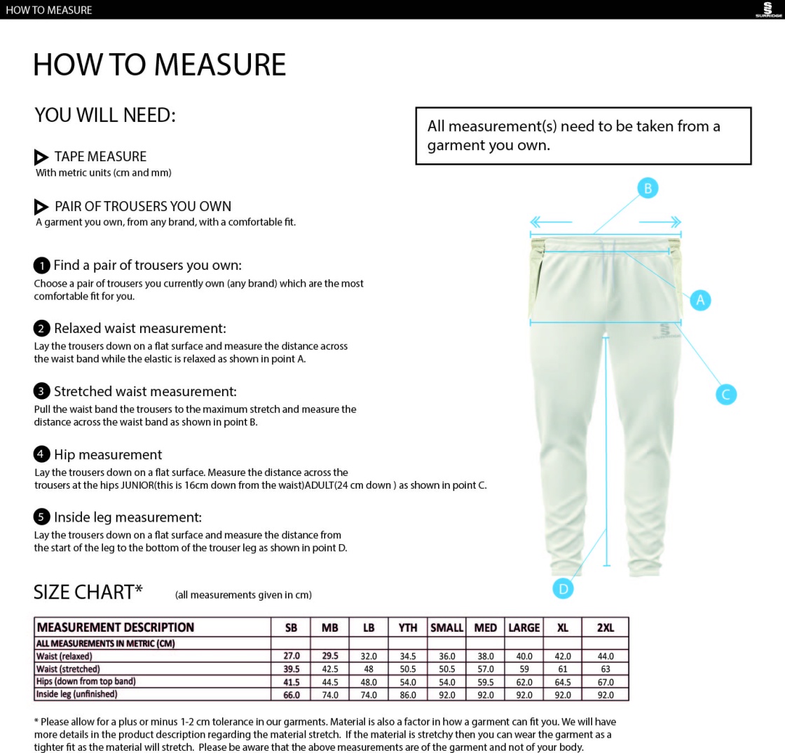 Downham and Bellingham Cricket Club Tek Playing Trousers - Size Guide