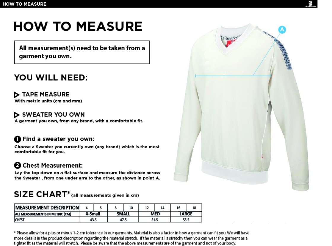 Downham and Bellingham CC Blast Long Sleeve Women's Cricket Sweater - Size Guide