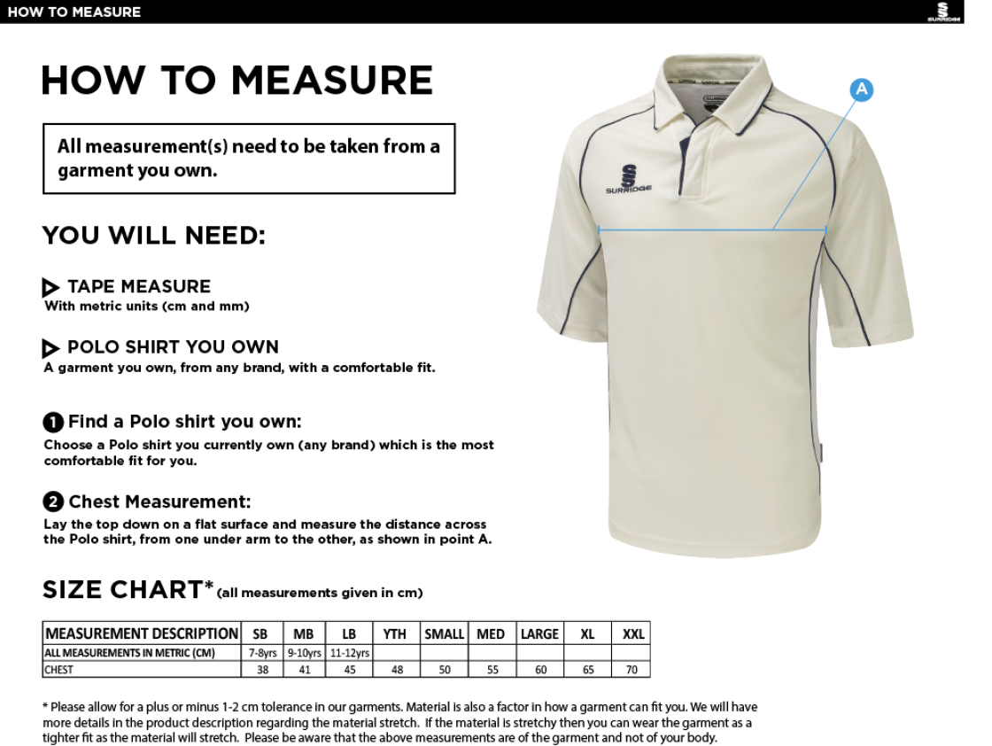 Downham and Bellingham Cricket Club 3/4 Premier Shirt - Size Guide