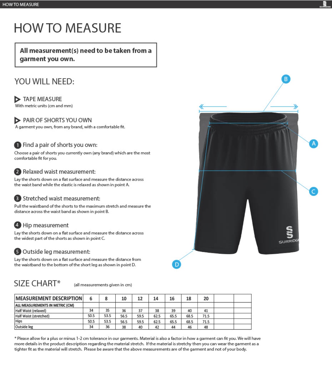 Downham and Bellingham CC Women's Ripstop Training Shorts - Size Guide