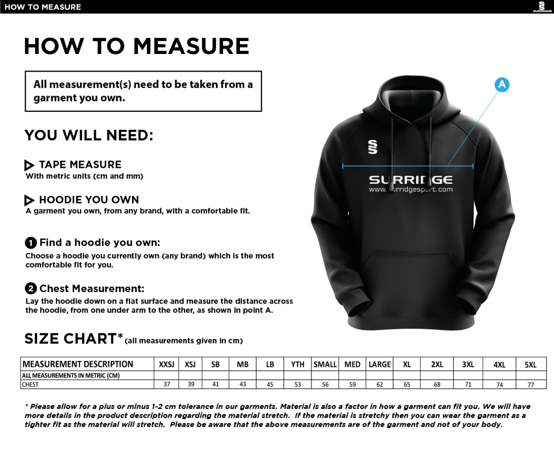 Downham and Bellingham Cricket Club Blade Hoody - Size Guide