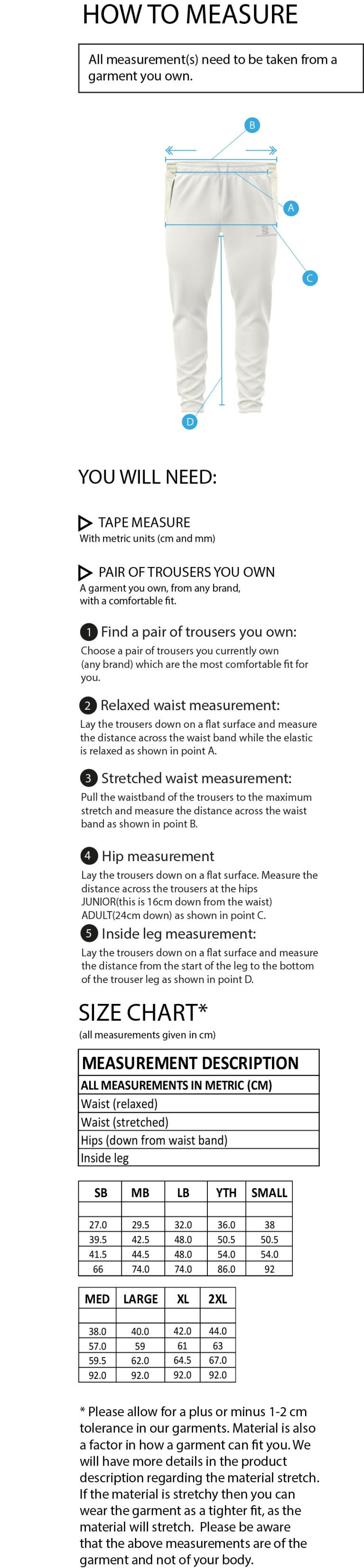 Downham and Bellingham Cricket Club Tek Playing Trousers - Size Guide