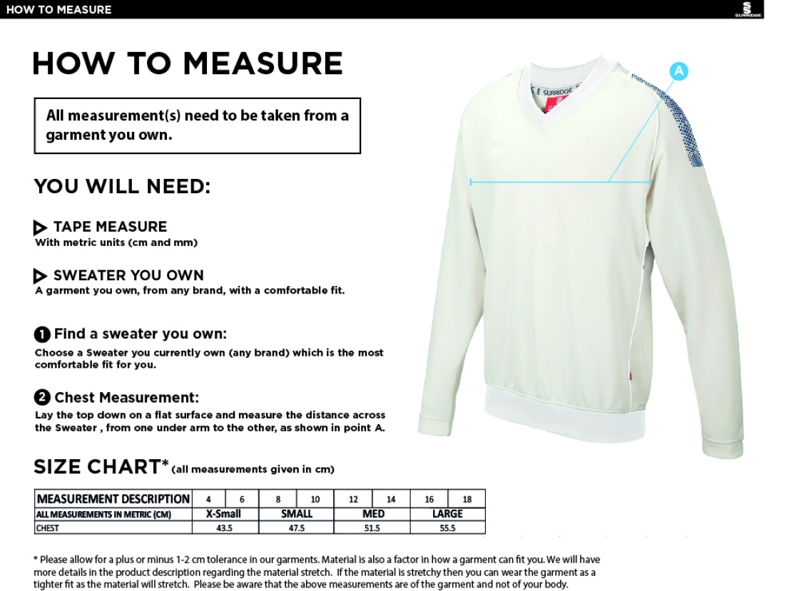 Downham and Bellingham CC Blast Long Sleeve Women's Cricket Sweater - Size Guide