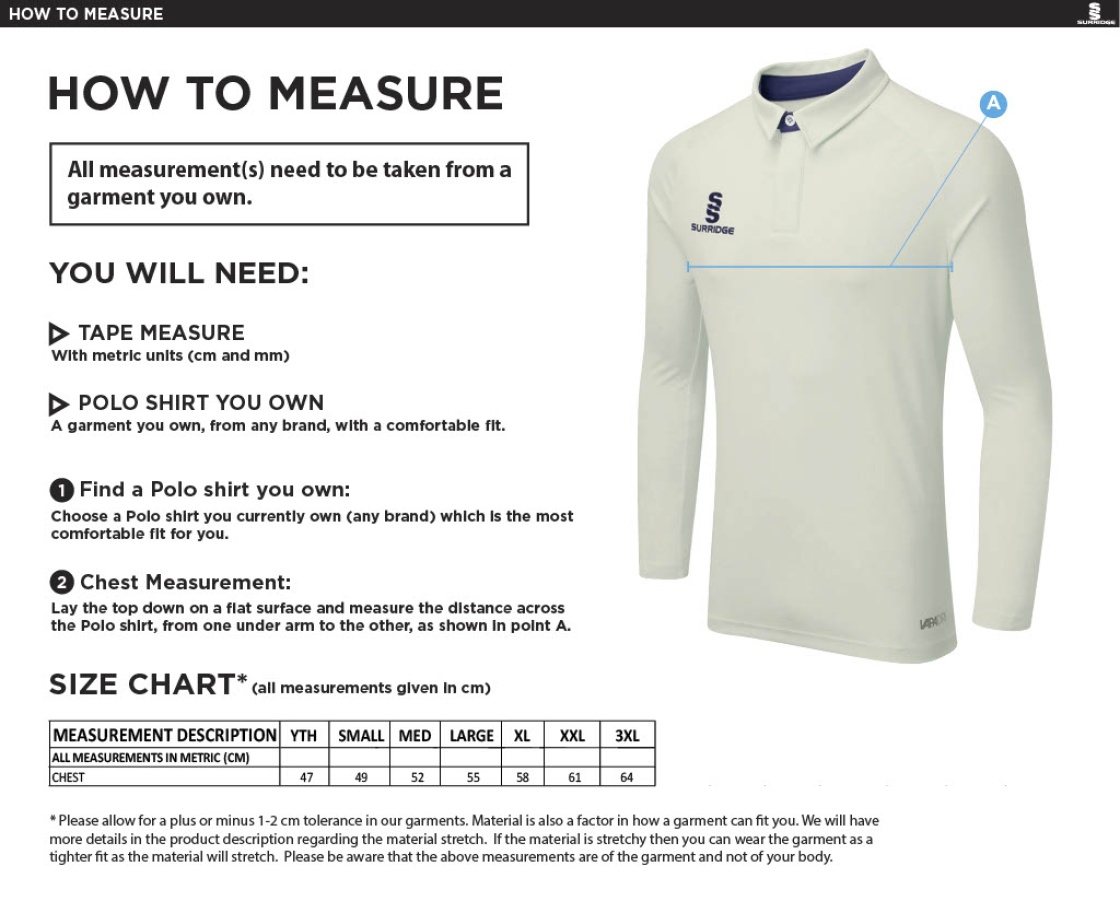 Downham and Bellingham Cricket Club L/S Tek Shirt - Size Guide